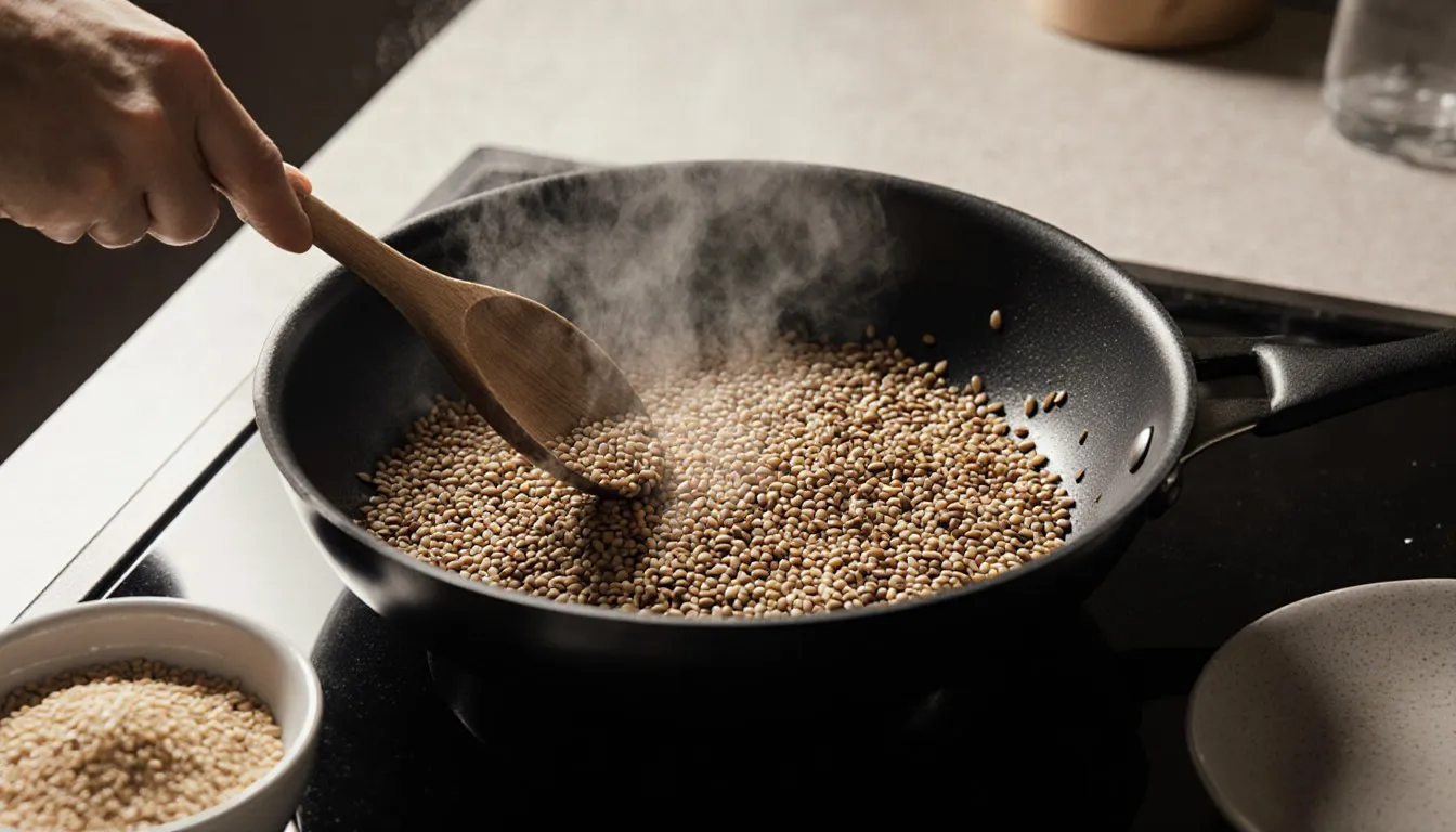 Sesame seeds turning golden as they toast in a hot frying pan