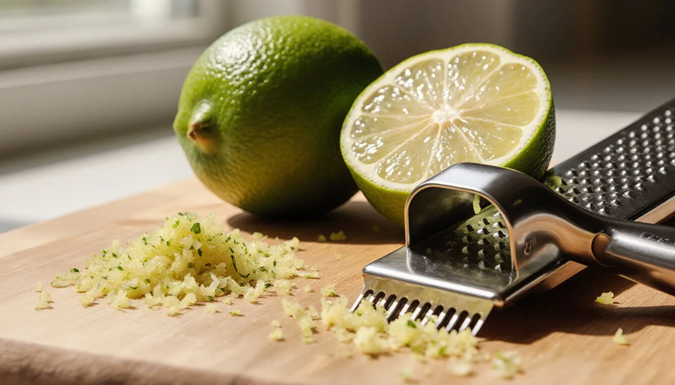 A lime being zested with a microplane, fine curls of zest piled beside it on a wooden board