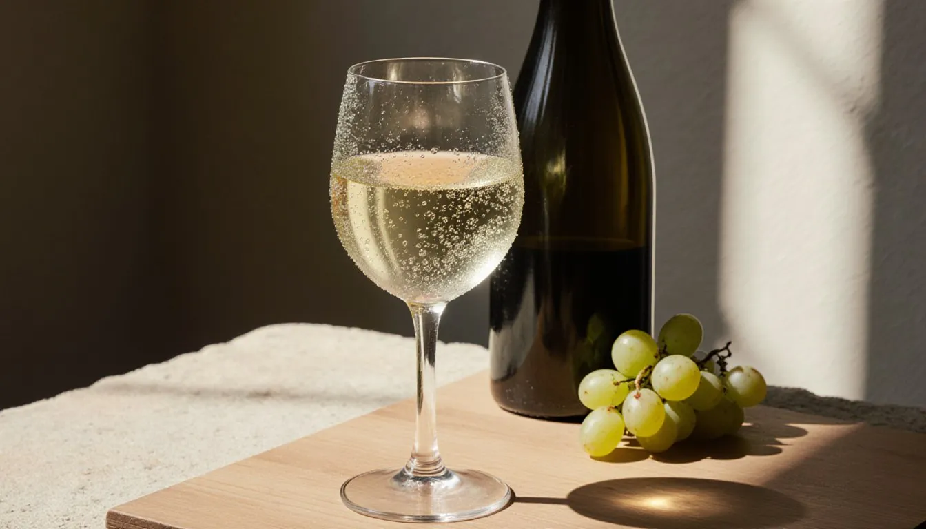 A glass of chilled white wine beside a bottle and grapes on a wooden table