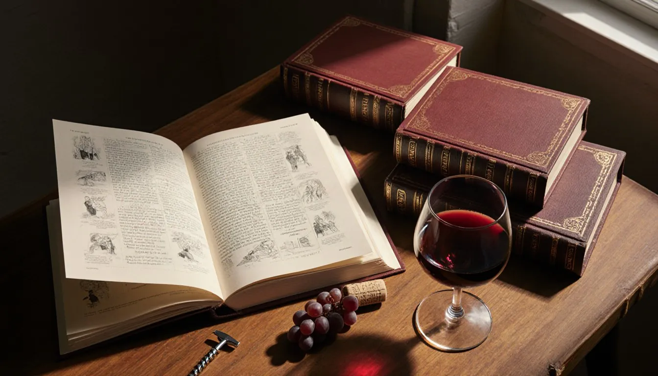 Stack of wine reference books beside a glass of red wine on a wooden table