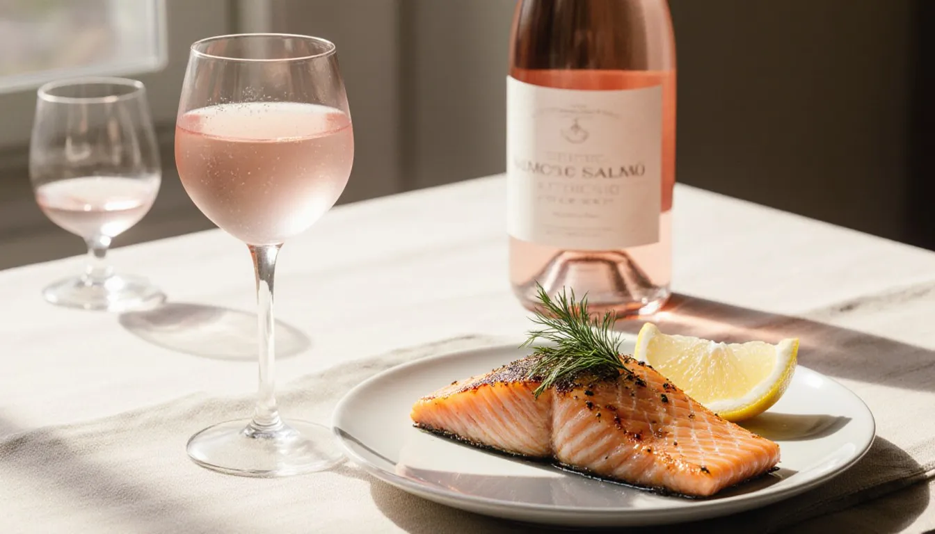 A glass of rosé wine beside a pan-seared salmon fillet, a classic pairing for the fish