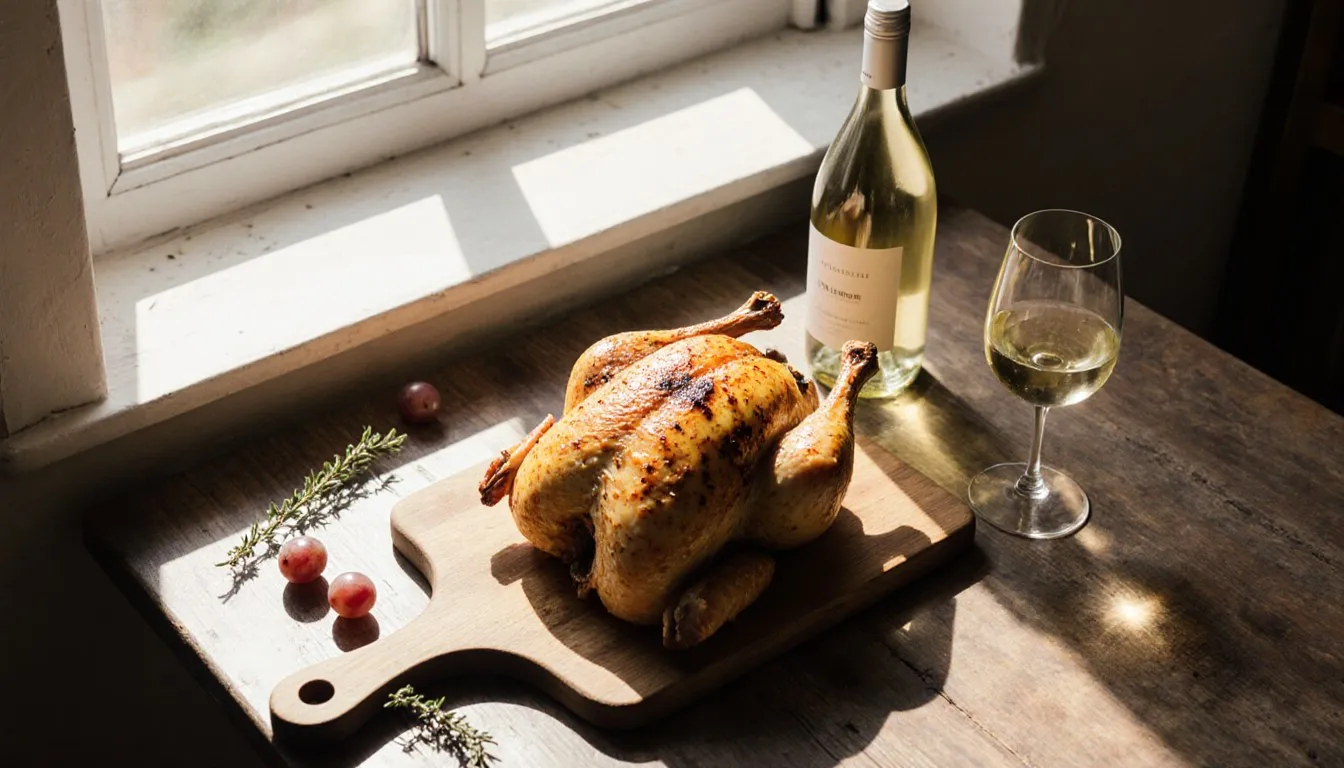 Roasted chicken on a wooden board beside a glass of white wine, a classic chicken and wine pairing