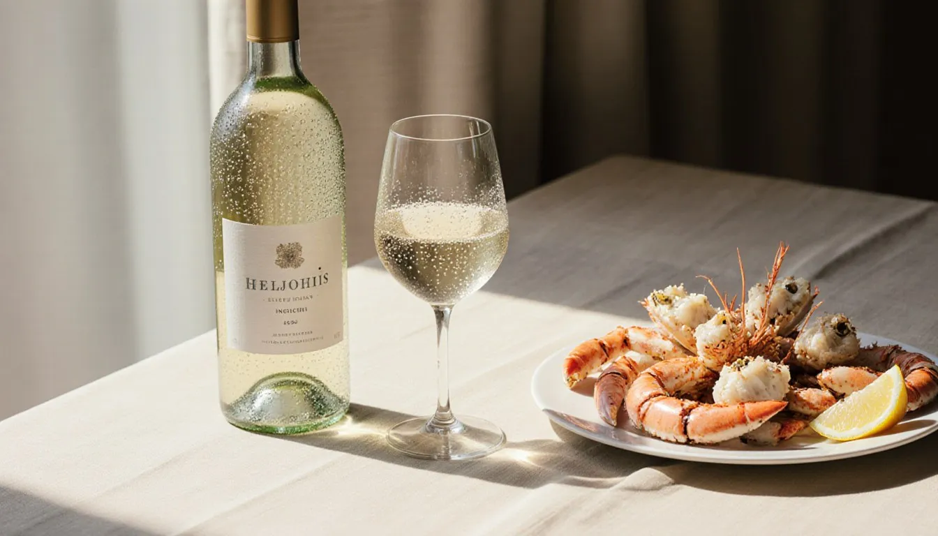 A glass and bottle of chilled white wine beside a platter of fresh cracked crab