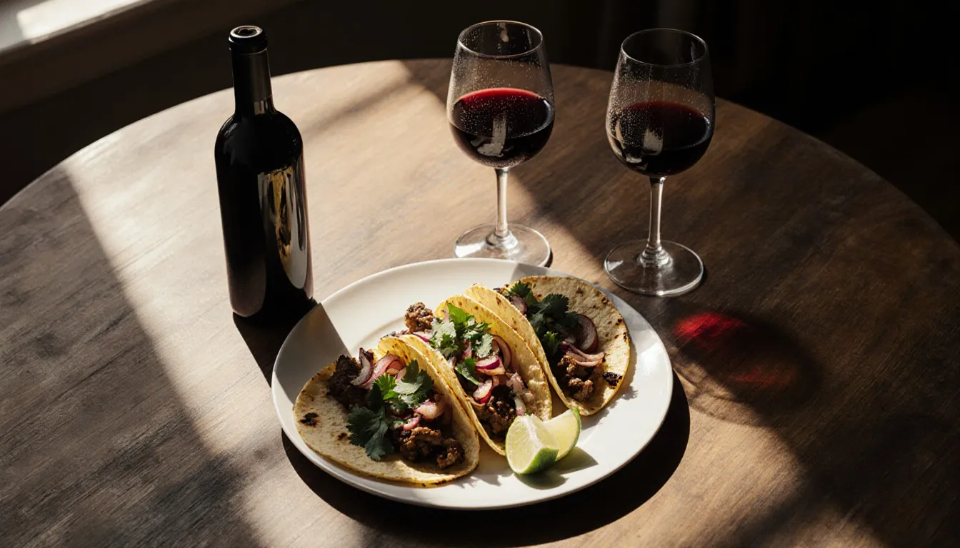 A glass of red wine beside a plate of tacos on a rustic wooden table
