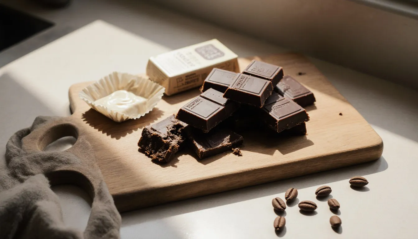 Squares of dark bittersweet chocolate next to lighter chocolate substitute squares on a wooden board
