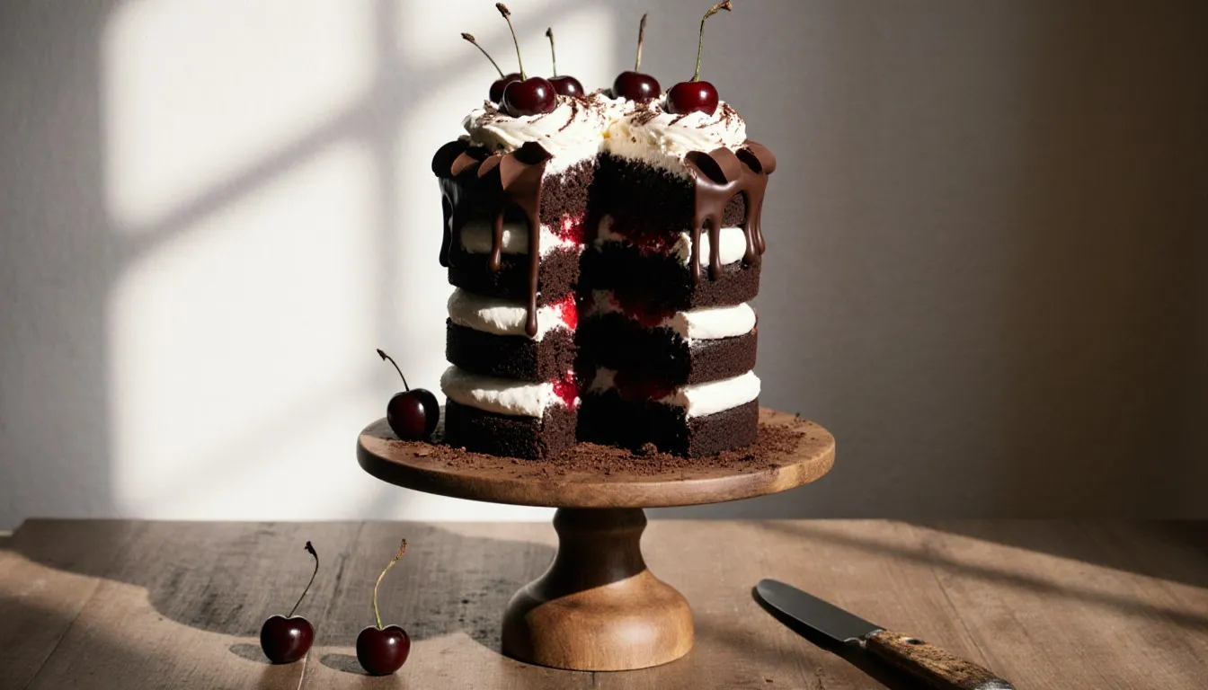 A Black Forest cake sliced open, showing layers of chocolate sponge, cream, and cherries