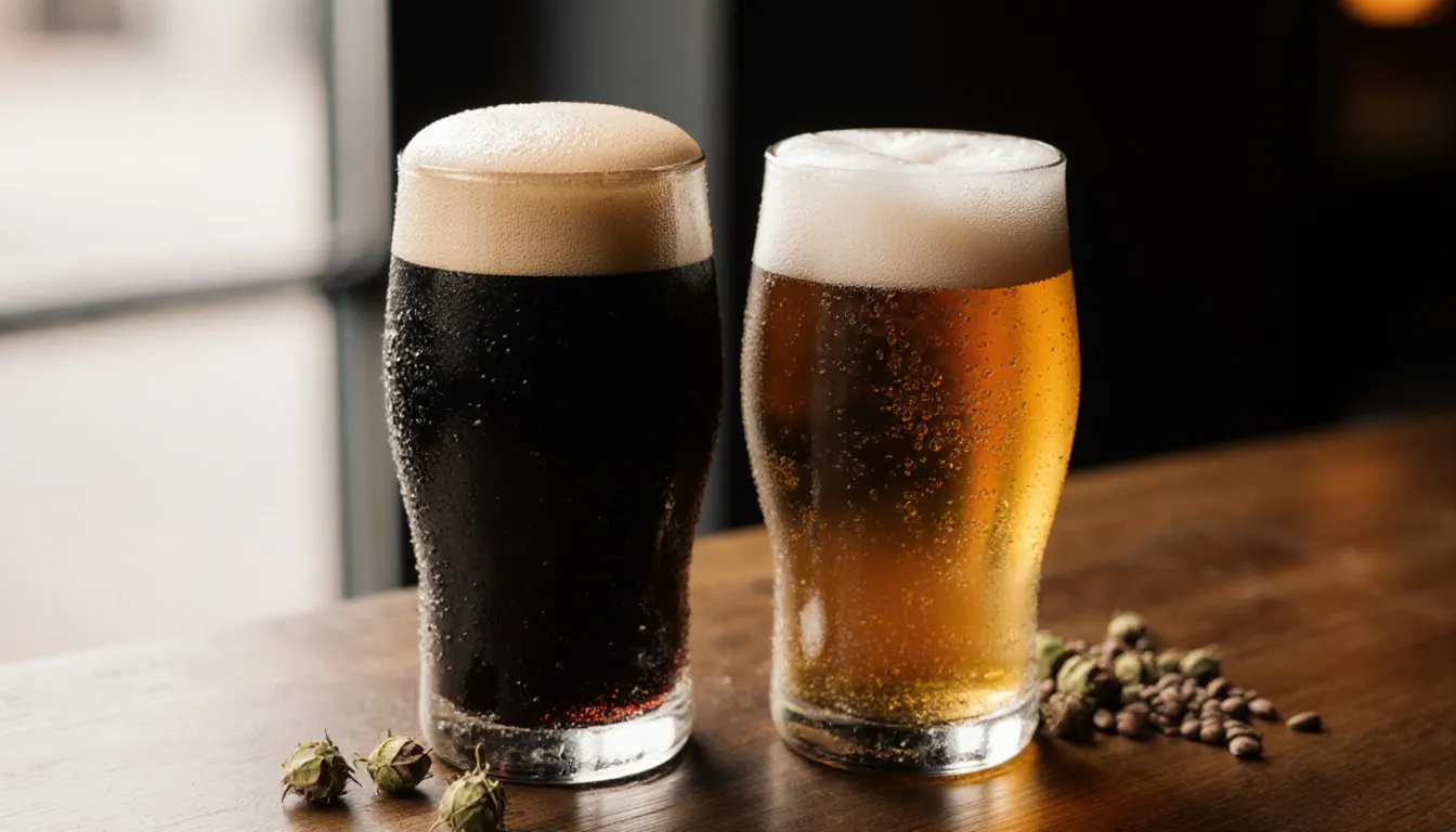 A dark stout and a golden pale ale side by side, the two beers traditionally layered to make a black and tan
