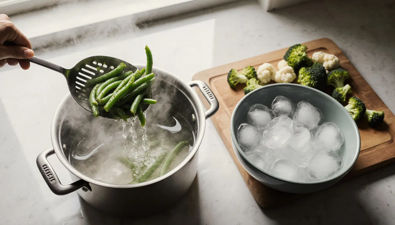 Green beans and broccoli lifted from boiling water into a bowl of ice water while blanching