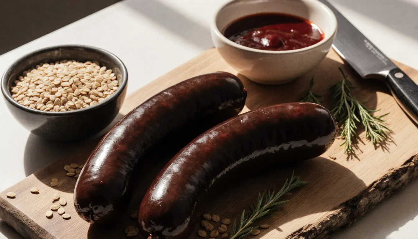 Coiled Polish blood sausages on a wooden board beside bowls of buckwheat groats and fresh pork blood