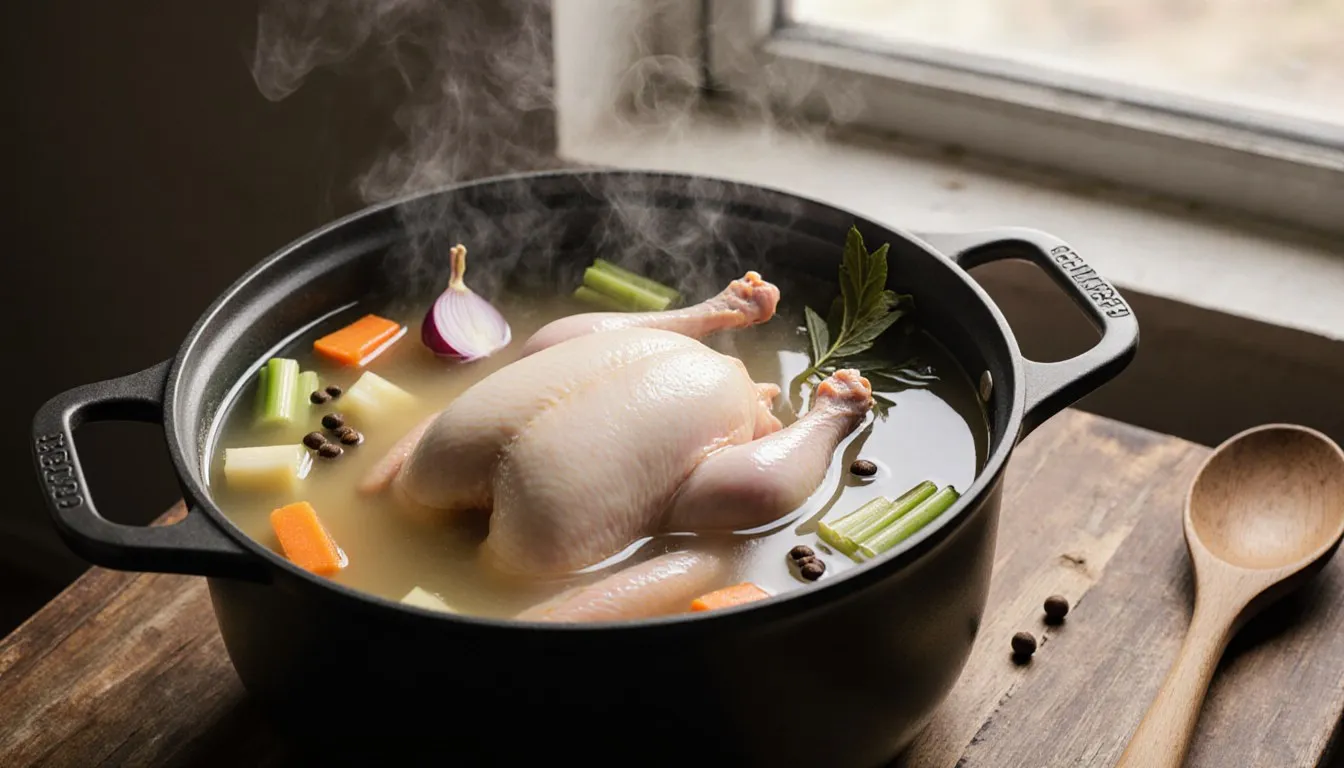 A whole poached chicken in a pot of broth with carrots, celery, onion, and bay leaves