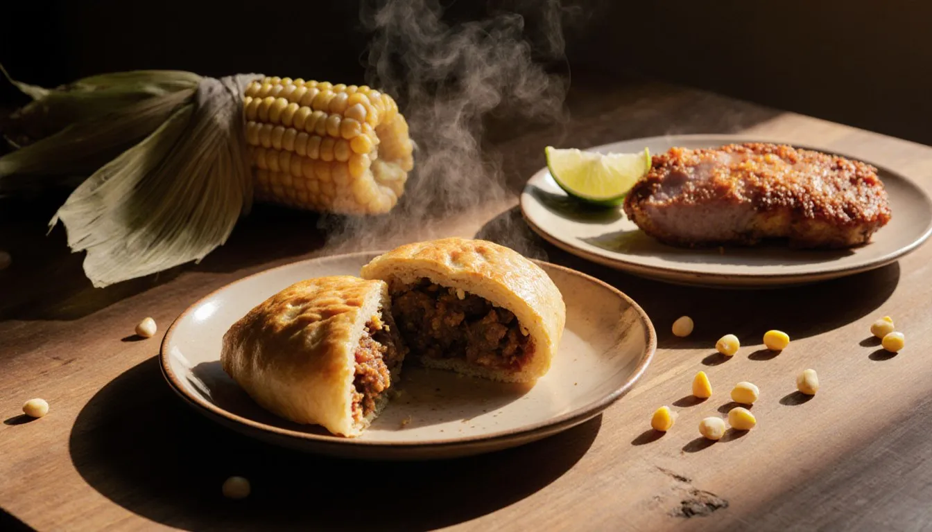 A Bolivian salteña, humita, and chincharrón arranged on a rustic wooden table