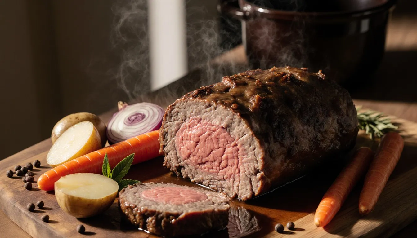 Sliced bottom round pot roast on a wooden board with potatoes, carrots, and onions