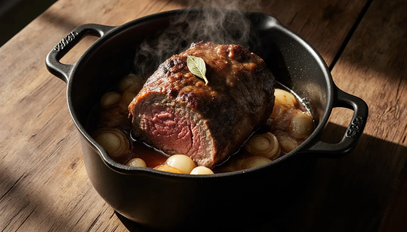 A braised bottom round roast resting on cooked onions in a pot, sliced to show tender meat