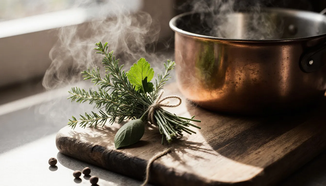 A tied bouquet garni of thyme, bay leaf, and parsley beside a simmering pot on a wooden countertop