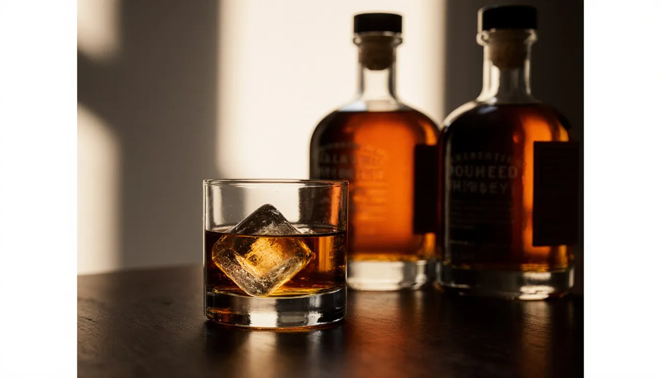 A glass of bourbon with ice beside a few amber whiskey bottles on a wooden bar top