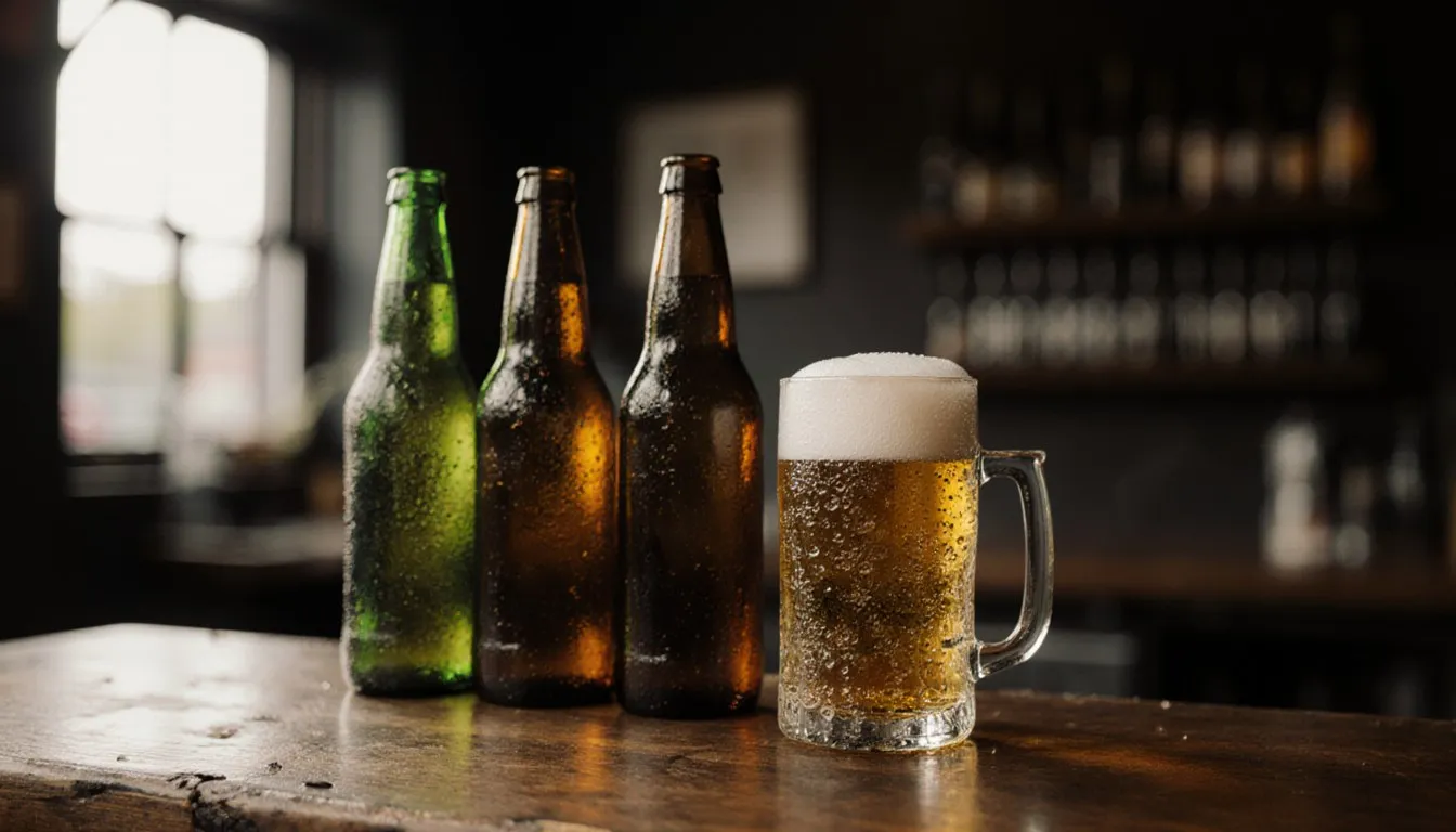 Assorted unlabeled beer bottles and a poured glass of golden lager on a wooden bar