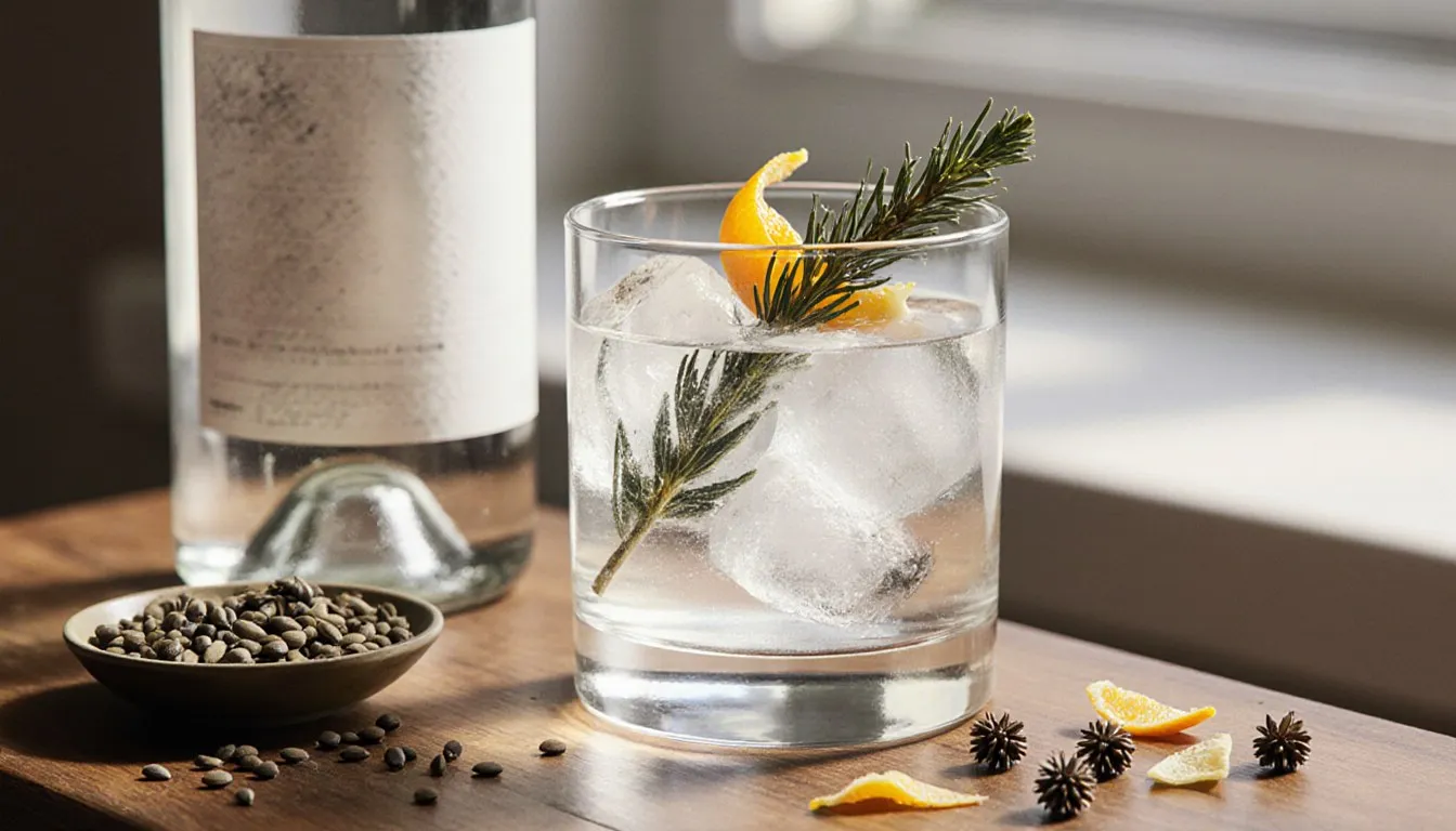 A glass of gin garnished with juniper berries and citrus peel beside an unmarked bottle and scattered botanicals
