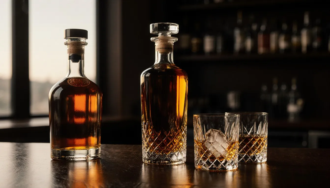 A row of unlabeled amber whisky bottles and two crystal glasses of scotch on a dark wooden bar