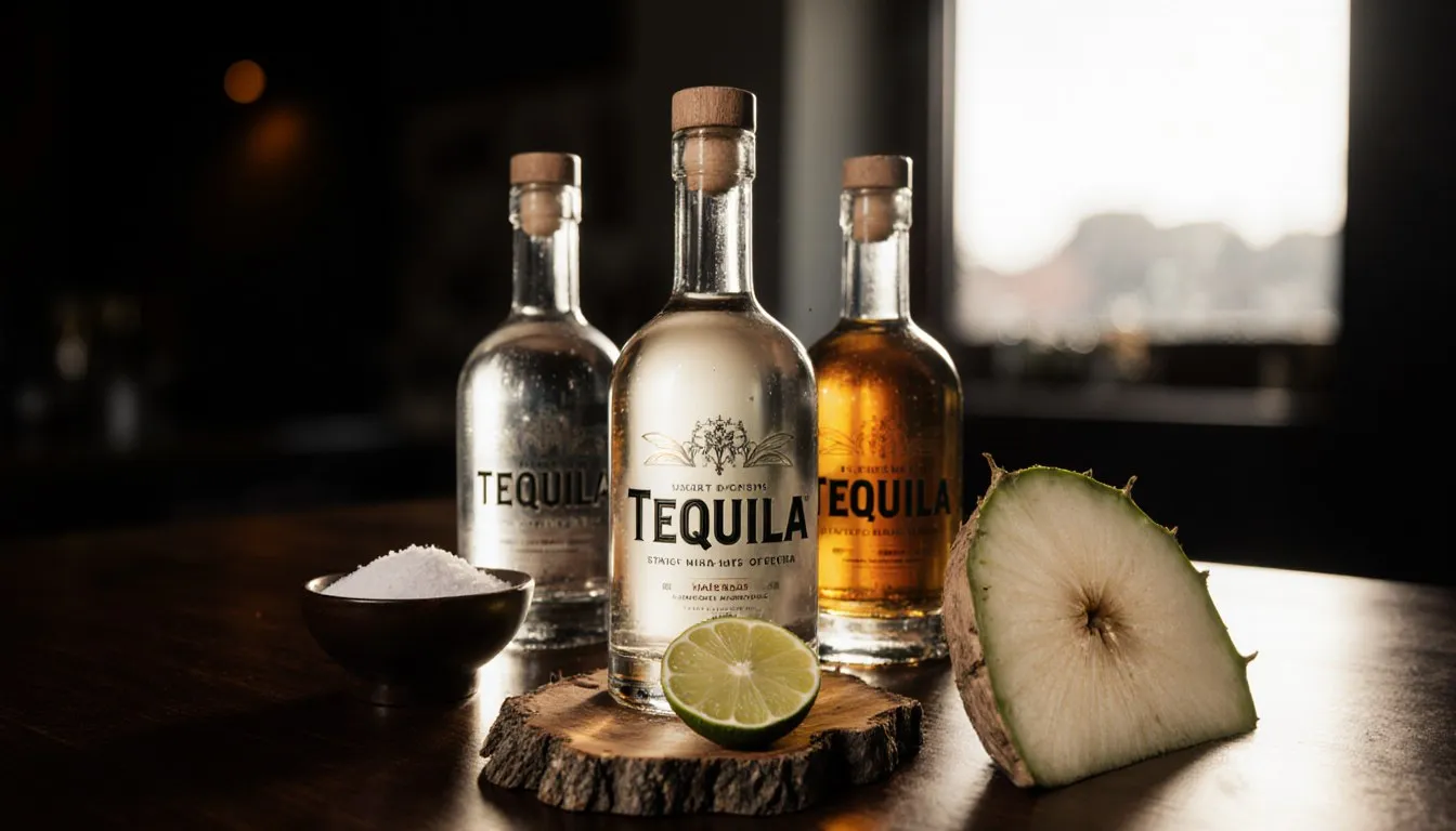 Three tequila bottles with liquid ranging from clear to amber, alongside lime and salt on a bar