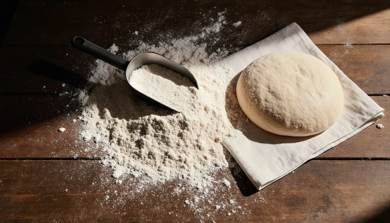 Mound of all-purpose flour beside a round of kneaded bread dough on a floured counter