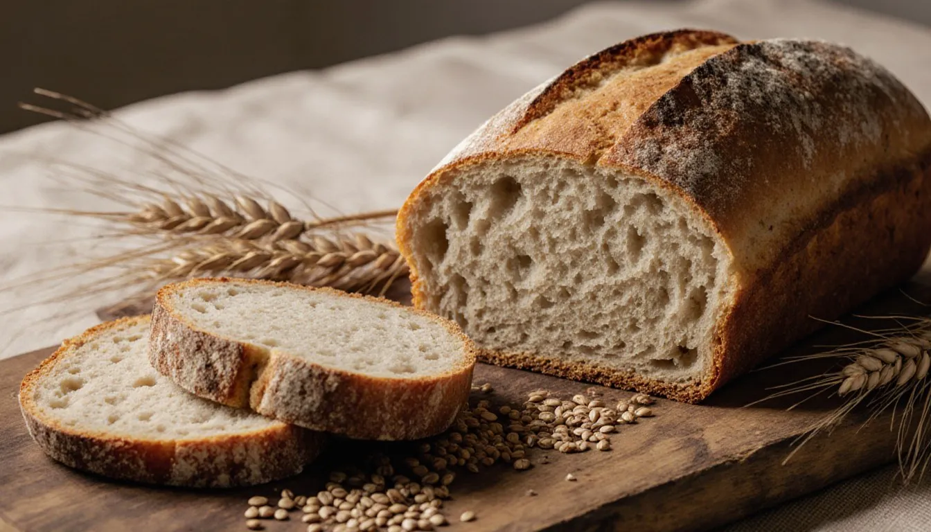 Flour-dusted sourdough boule on a worn wooden board with wheat stalks