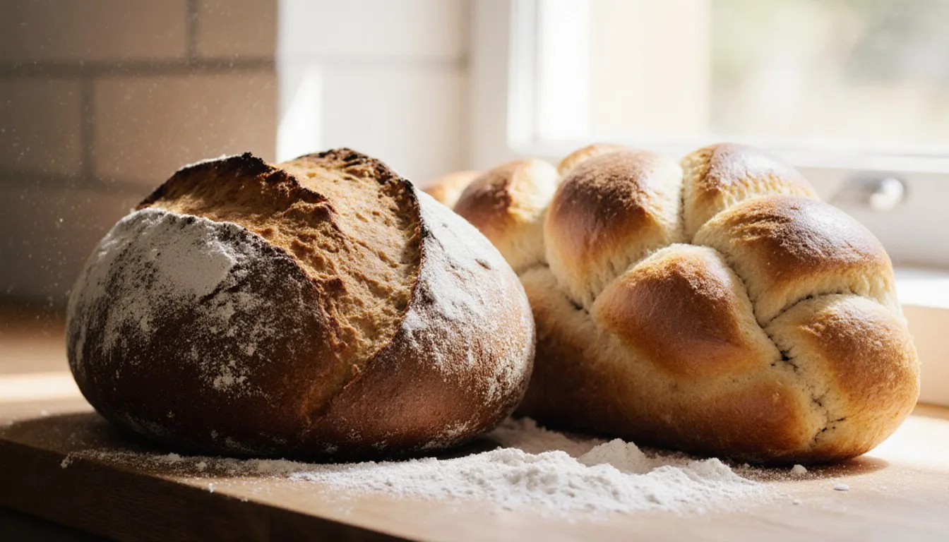 A flour-dusted crusty boule beside a braided golden loaf on a wooden board by a bright window