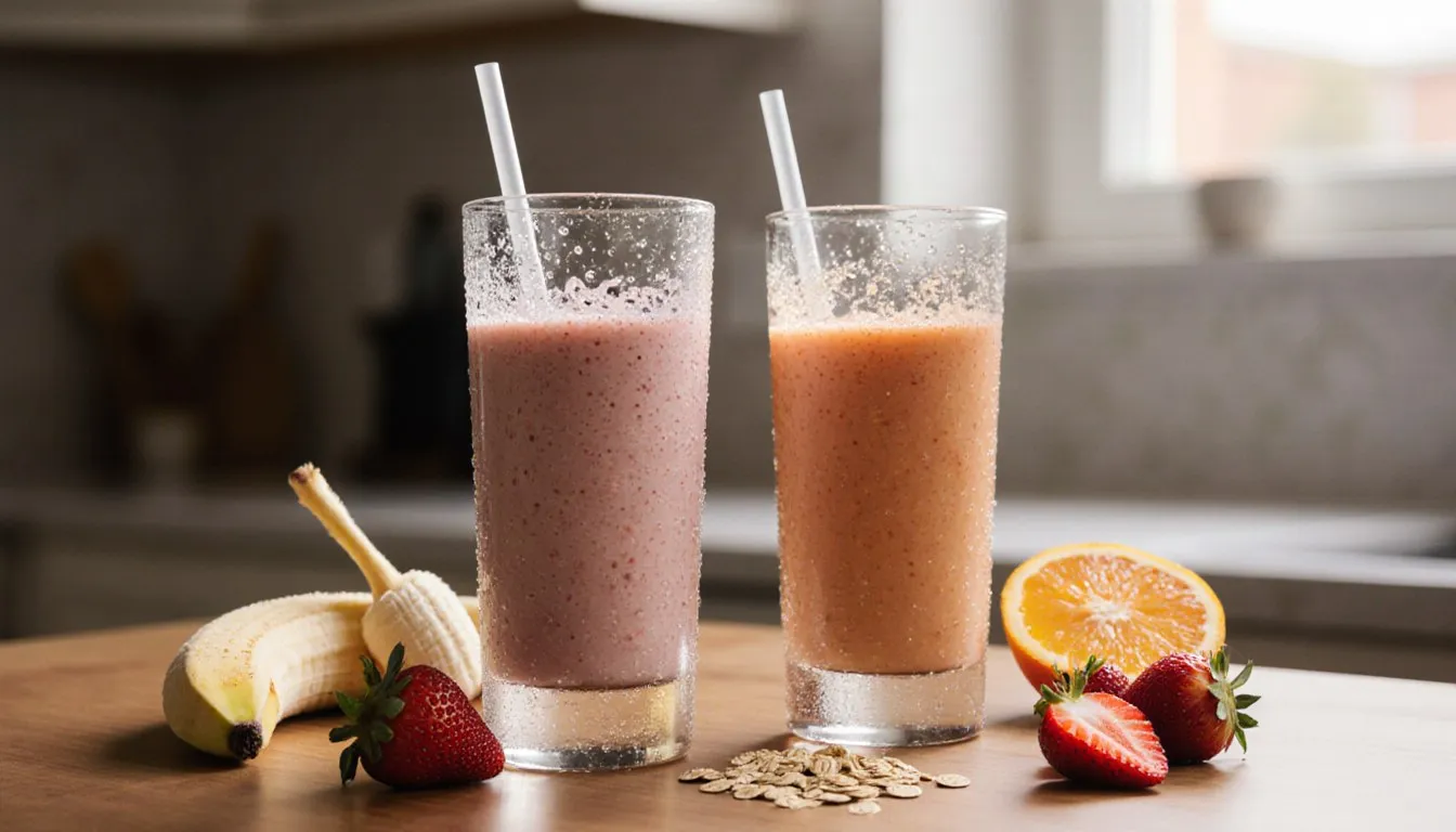 Two fresh fruit smoothies surrounded by strawberries, banana, and oats on a kitchen counter