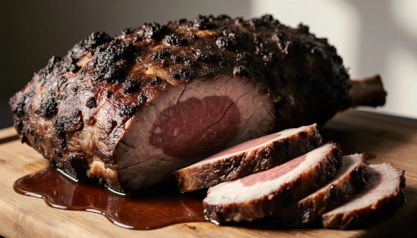 A whole smoked brisket sliced on a wooden board, revealing its juicy, tender interior and smoke ring.