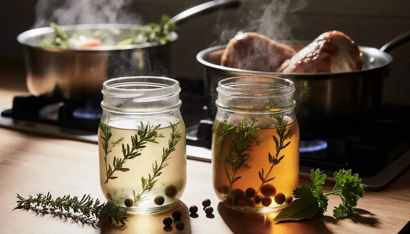 Two glass jars of pale stock and richer amber broth on a kitchen counter with simmering pots behind