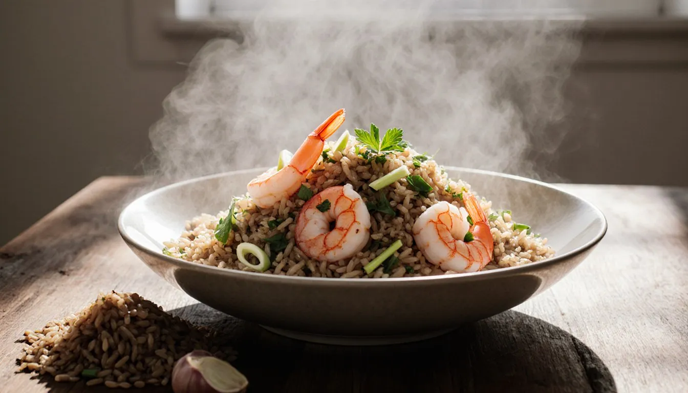 A bowl of brown jasmine rice mixed with shrimp, scallions, and chopped parsley