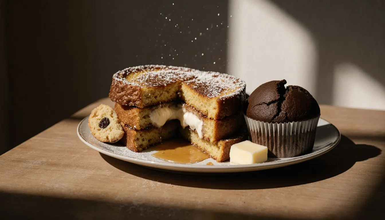 A brunch spread of stuffed French toast, a split scone, and a chocolate muffin on a wooden table