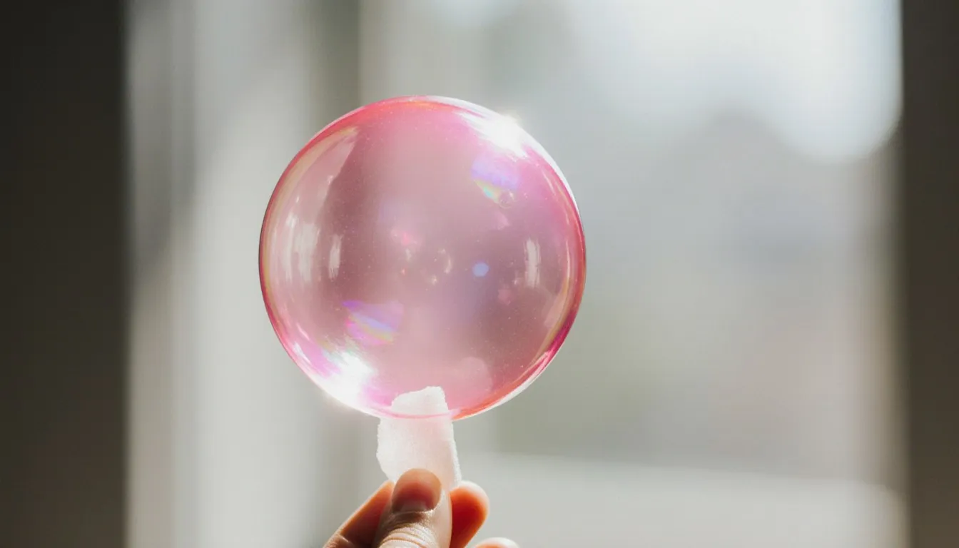 Close-up of a large pink bubble gum bubble stretched mid-blow