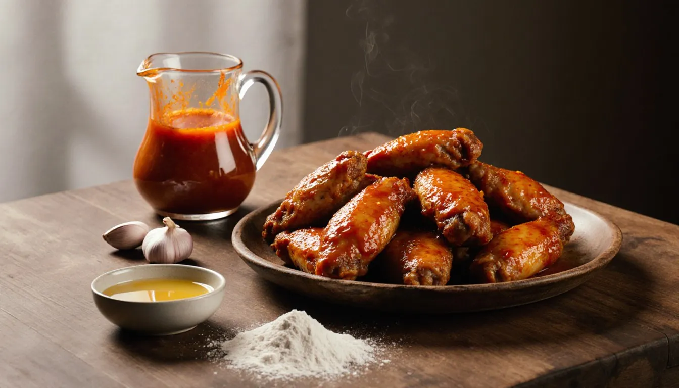A heaping plate of glossy buffalo wings beside hot sauce, melted butter, and garlic cloves