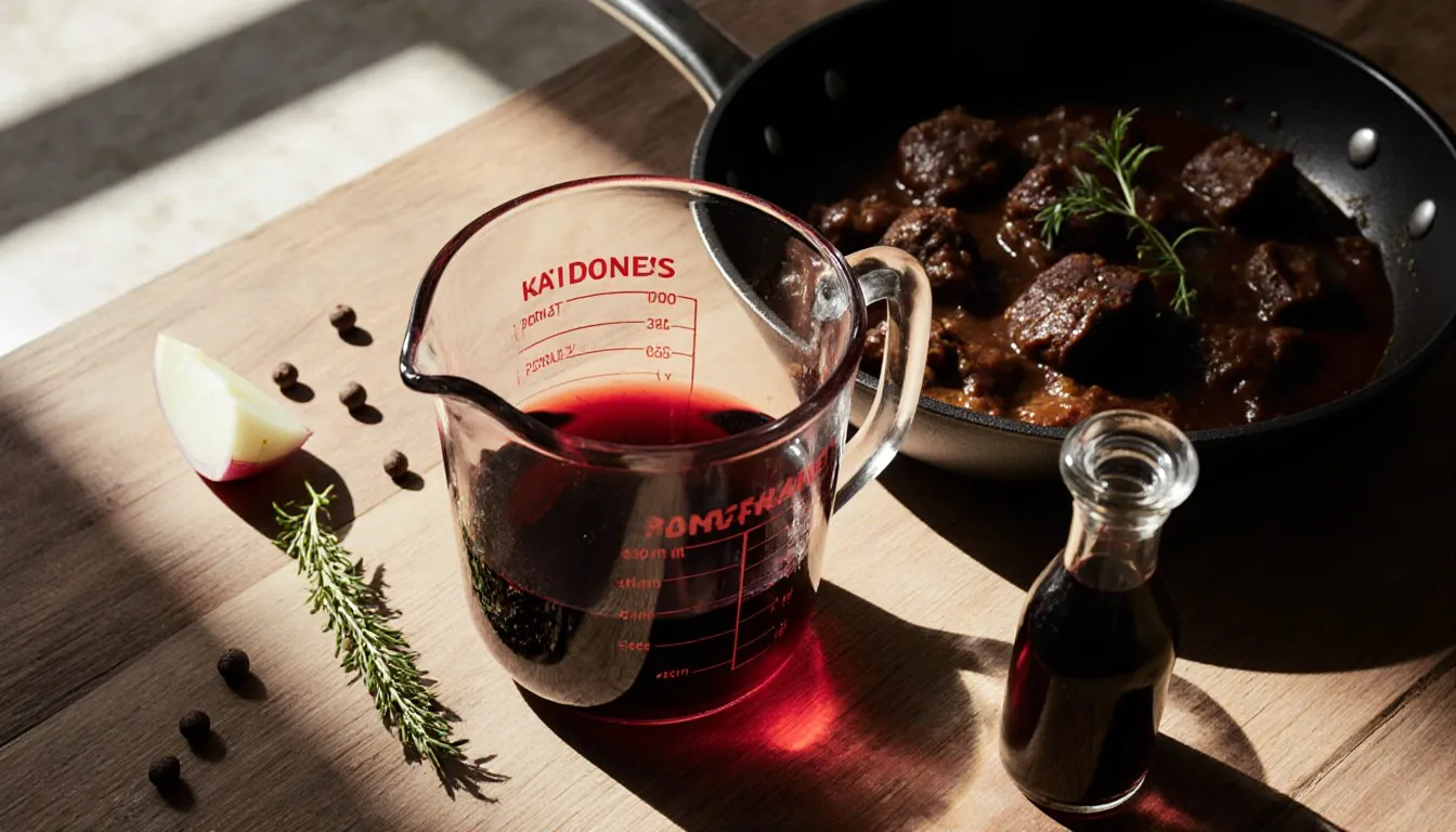 A glass of ruby-red wine substitute beside a bowl of stew, standing in for burgundy wine in cooking