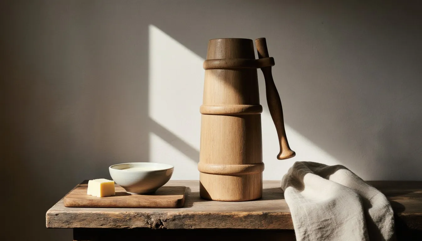 A traditional wooden dash butter churn beside fresh cream and homemade butter on a farmhouse counter