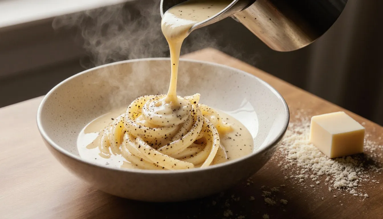 Creamy golden butter sauce being poured over a swirl of pasta in a shallow bowl