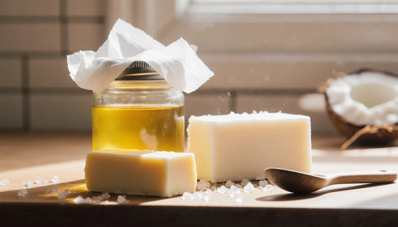 A stick of butter, a jar of ghee, and a block of coconut oil arranged together on a wooden counter