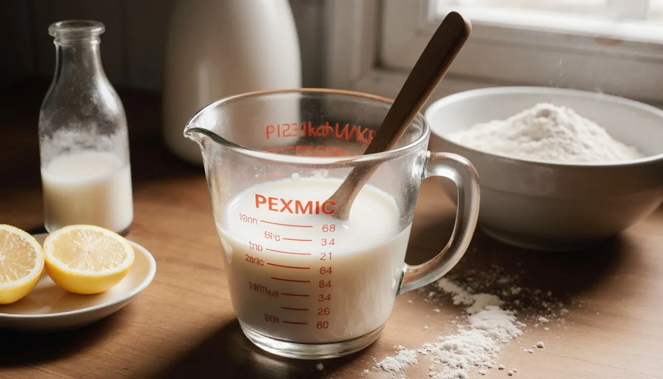 Milk in a measuring cup with lemon and vinegar nearby, a homemade buttermilk substitute setup