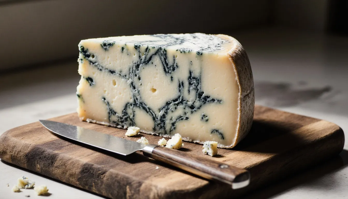 A wedge of fresh blue cheese with visible veining on a wooden board beside a cheese knife