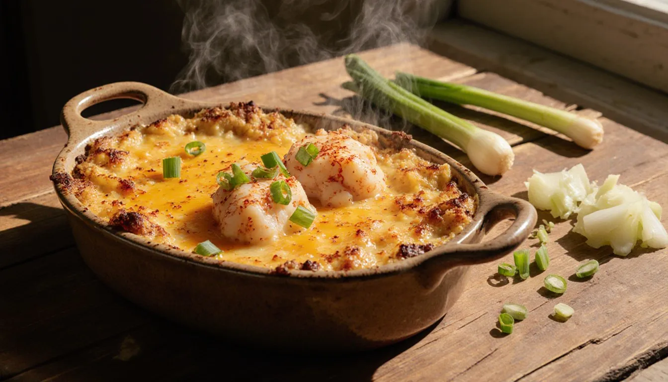 A bubbling dish of Cajun crabmeat au gratin with a golden cheese crust, surrounded by fresh celery and green onions.