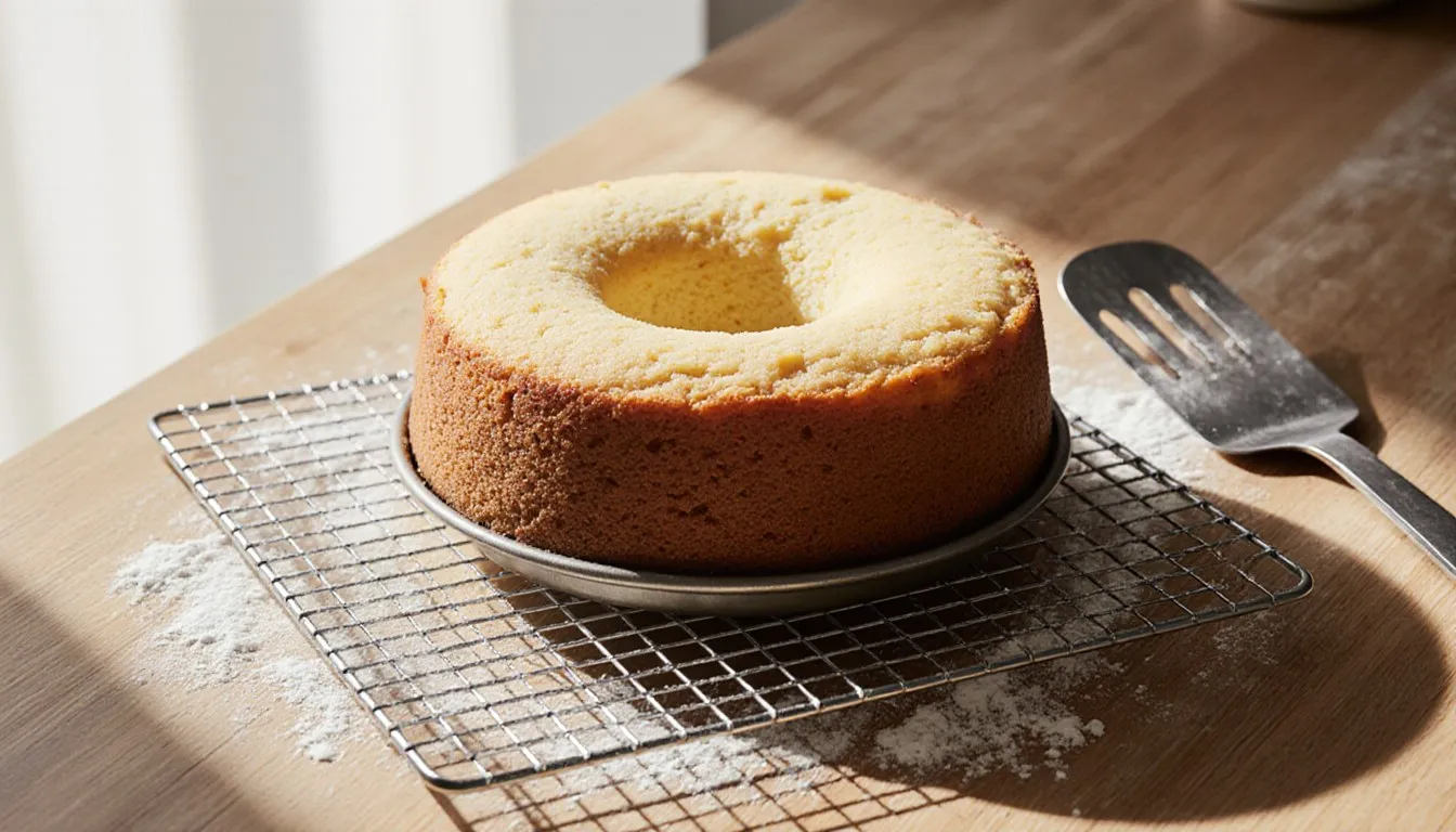 A homemade cake cooling on a wire rack with its center visibly sunken in the middle