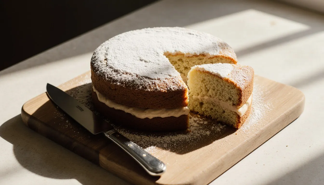 A round cake with a slice cut away, revealing a soft, moist, tender crumb inside