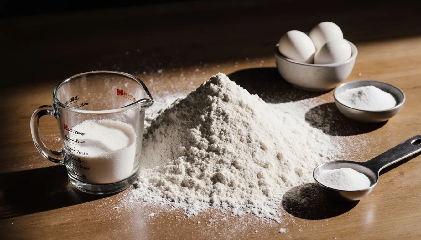 A mound of sifted flour beside a measuring cup of cornstarch and eggs, ingredients for a homemade cake flour substitute