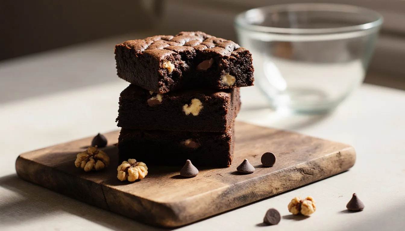 Stack of fudgy chocolate cake-mix brownies with walnuts and chocolate chips, one broken open