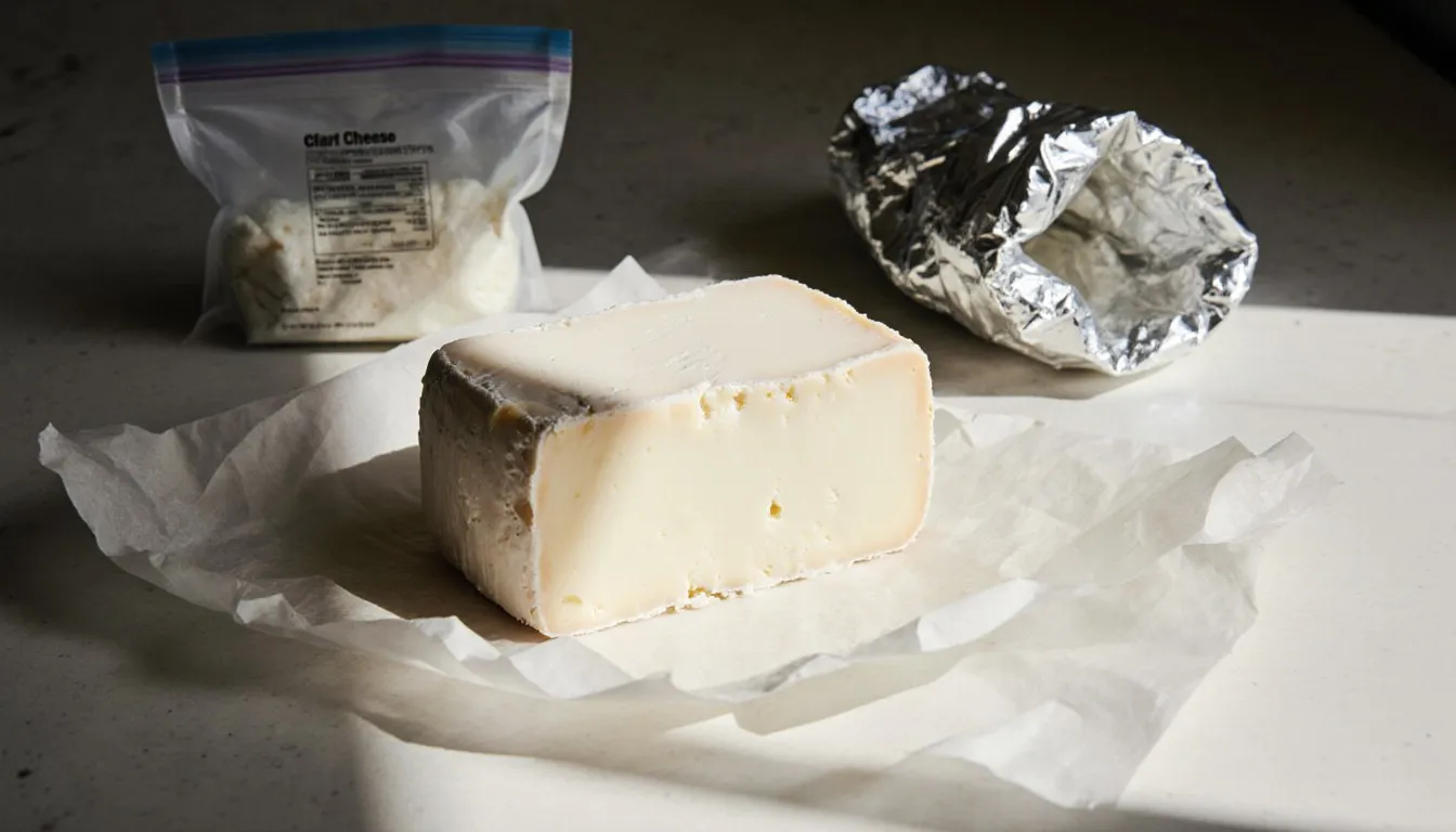 A block of cream cheese on parchment paper beside foil and a freezer bag, ready for freezing.