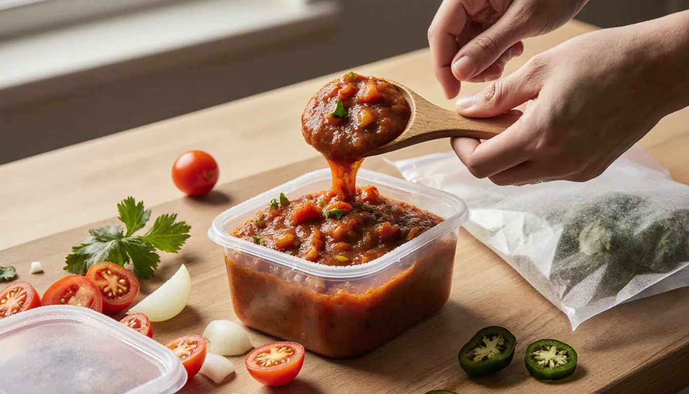 Fresh tomato salsa being portioned into freezer containers and a freezer bag for storage