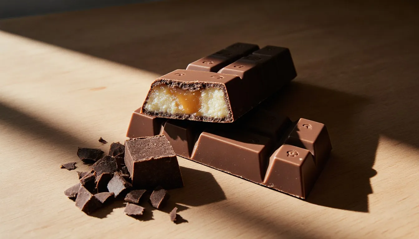 Assorted chocolate candy bars, one sliced open to reveal layers of nougat and caramel inside