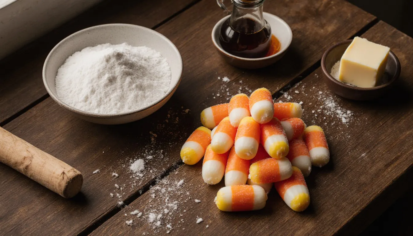 Homemade candy corn pieces arranged with sugar, corn syrup, and butter used to make them