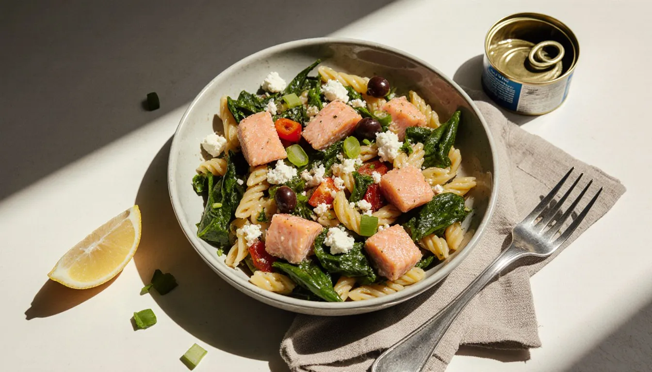 A bowl of Mediterranean canned salmon pasta salad with spinach, olives, feta, and red pepper