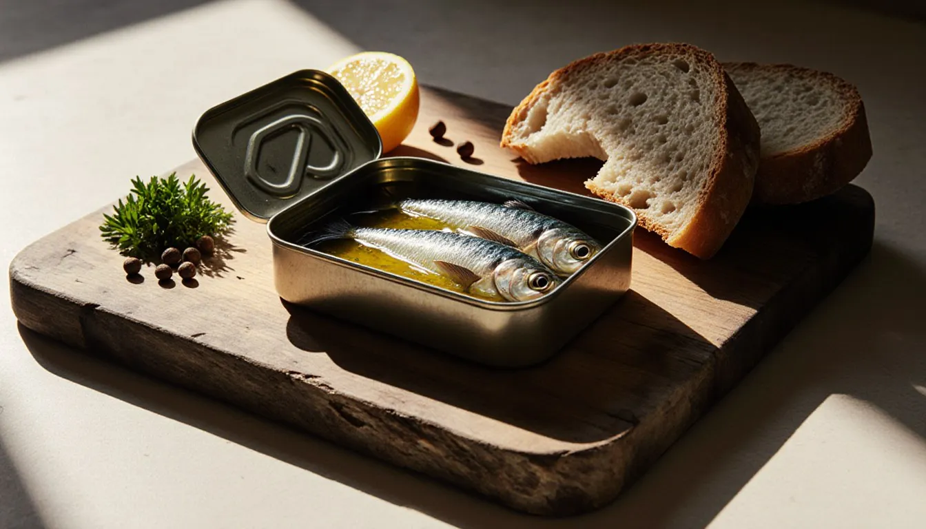An open tin of sardines in olive oil beside a lemon half, parsley, and crusty bread on a wooden board